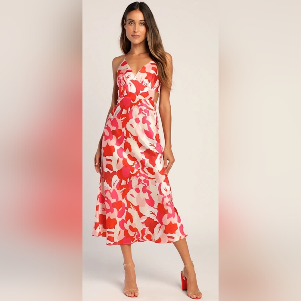 Lulus Coral Multi Floral Print Midi Dress, Size S